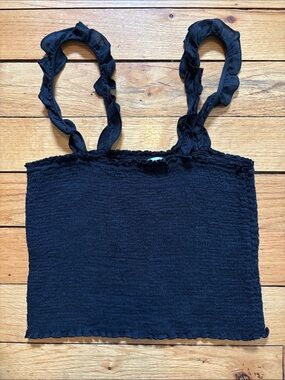 aerie Black Smocked Crop Tank with Ruffle Straps